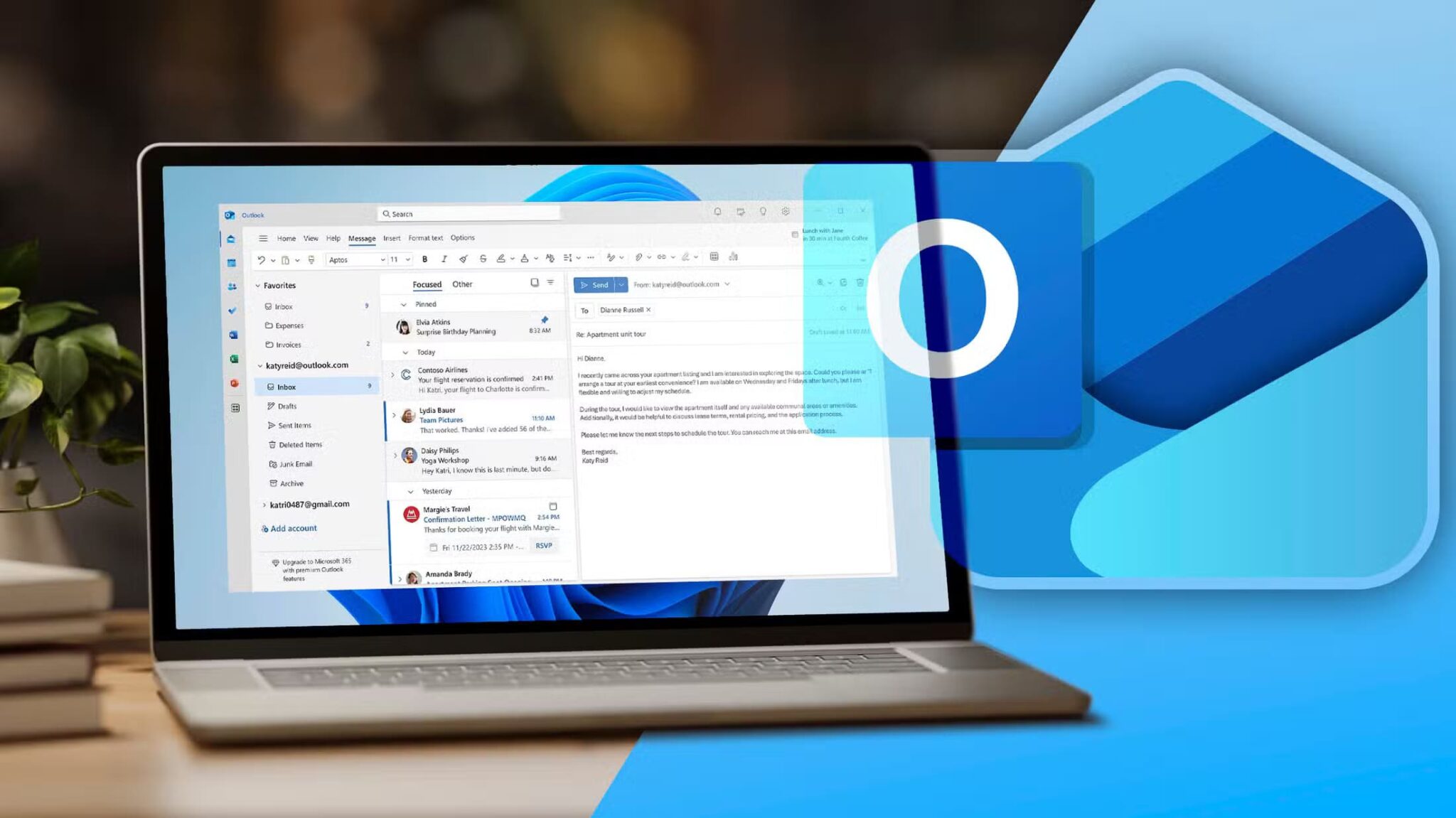 a-laptop-with-outlook-open-and-the-new-outlook-logo-on-the-right-scaled 6 نصائح وحيل لتحسين استخدام البريد الإلكتروني في Outlook يجب أن تعرفها