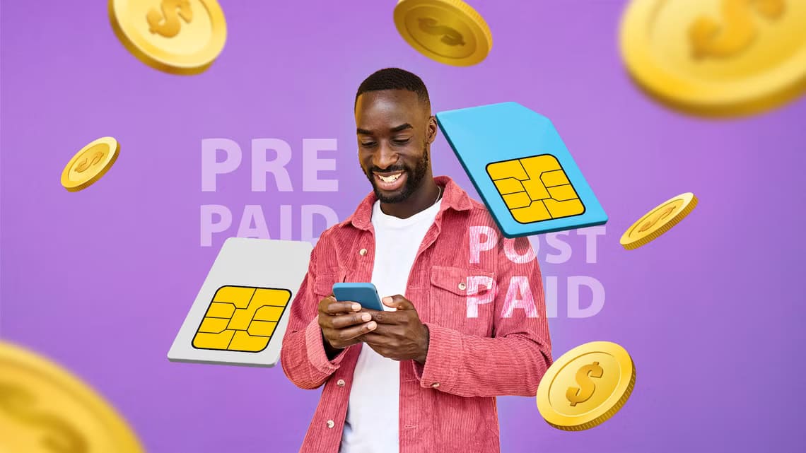 a-man-using-his-phone-with-a-sim-card-on-the-left-labeled-prepaid-and-another-on-the-right-labeled-postpaid-surrounded-by-several-coins مقارنة بين خطط الهاتف المدفوعة مسبقًا وخطط الدفع الآجل أيهما أفضل لاحتياجاتك