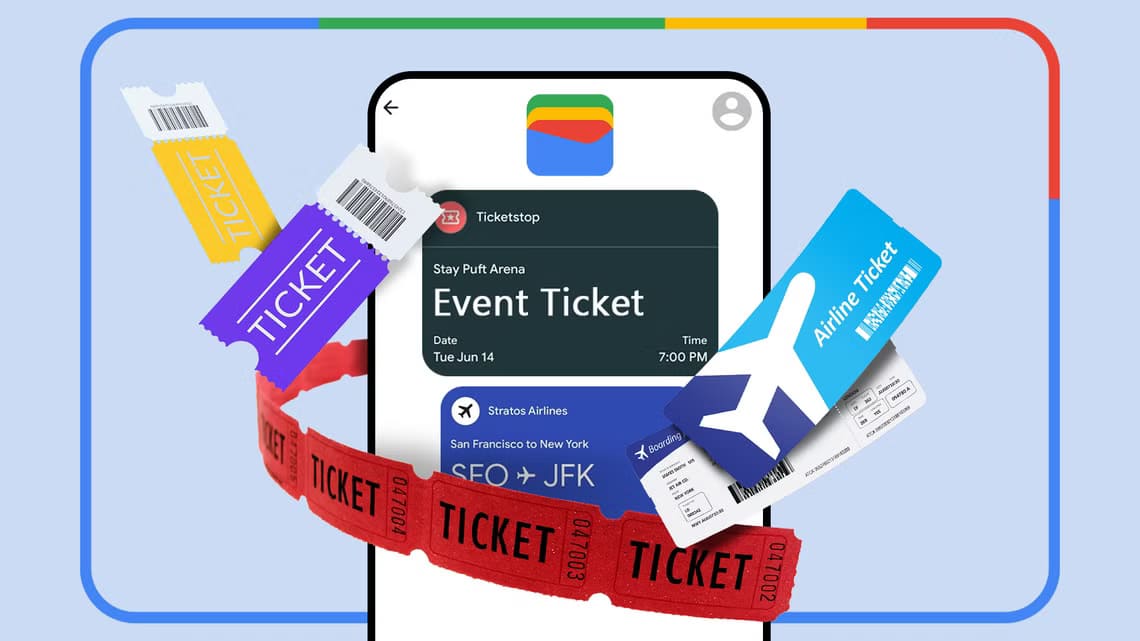 a-phone-with-google-wallet-open-and-various-tickets-around-it طريقة بسيطة لإدارة تذاكر الفعاليات وبطاقات السفر باستخدام محفظة Google Wallet