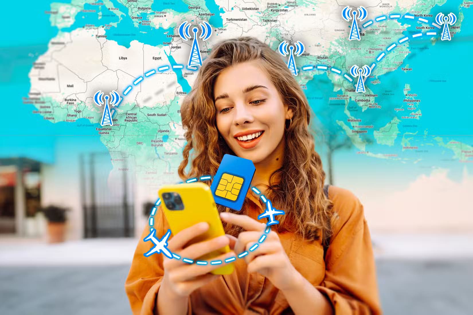 a-woman-using-her-phone-with-a-sim-card-in-front-of-the-screen-an-airplane-circling-the-phone-and-a-map-in-the-background-with-some-mobile-data-antennas لماذا أصبحت البيانات غير المحدودة ضرورة في عالم يعتمد على الاتصال المستمر