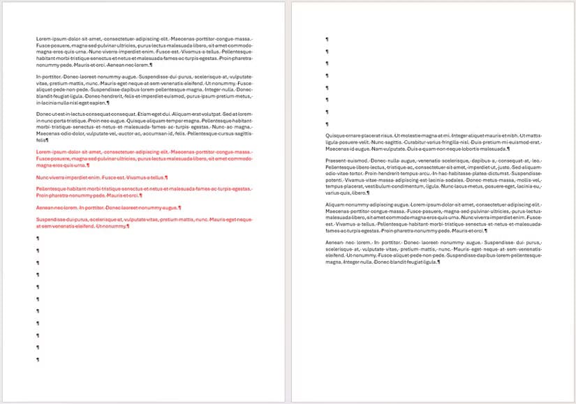 a-word-document-containing-two-pages-of-text-page-1-has-additional-text-in-red-and-the-text-on-page-2-begins-halfway-down-the-page كيف تستخدم فواصل الصفحات والأقسام في Word لإنشاء مستندات أكثر تنظيماً واحترافية