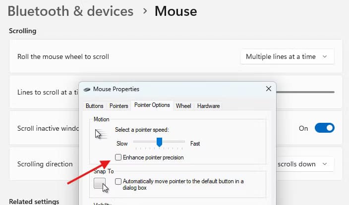 advanced-mouse-settings-menu-in-windows-11-with-a-red-arrow-pointing-to-the-enhance-pointer-precision-checkbox إعدادات Windows 11 التي يجب تعطيلها فورًا بعد إعادة ضبط النظام لتحسين الأداء