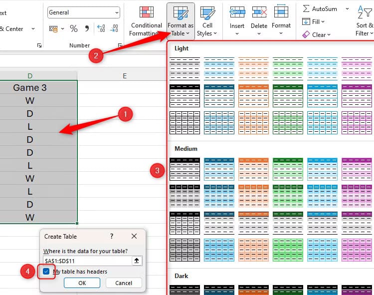 an-excel-spreadsheet-with-a-range-of-data-selected-and-the-format-as-table-drop-down-list-expanded-the-create-table-dialog-box-is-also-showing لماذا يُعد Excel خيارًا أفضل من Word لإنشاء الجداول وإدارتها