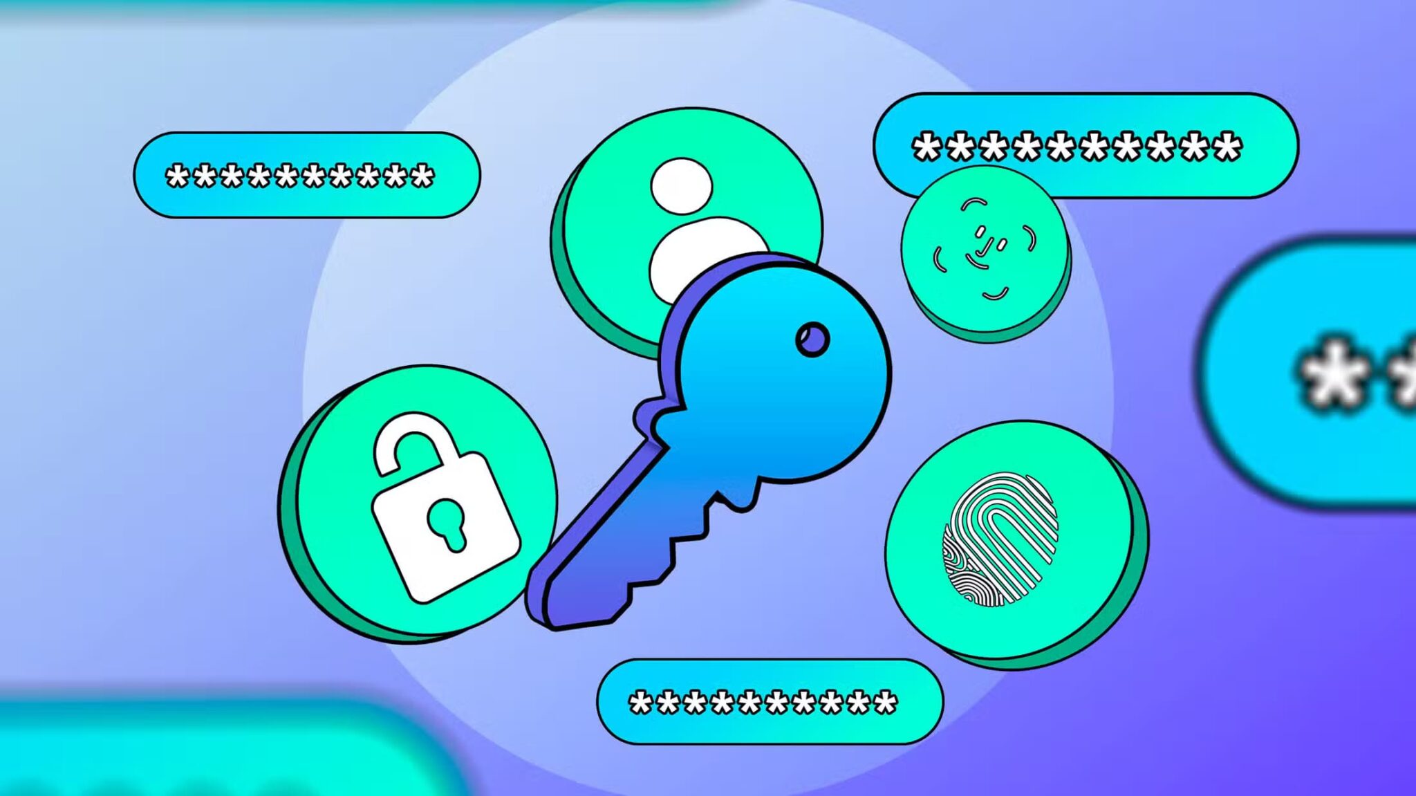 an-illustration-of-a-passkey-featuring-a-key-fingerprint-facial-recognition-and-password-input-fields-scaled هل يجب عليك استخدام مفاتيح المرور التي تروج لها Microsoft وGoogle وApple؟