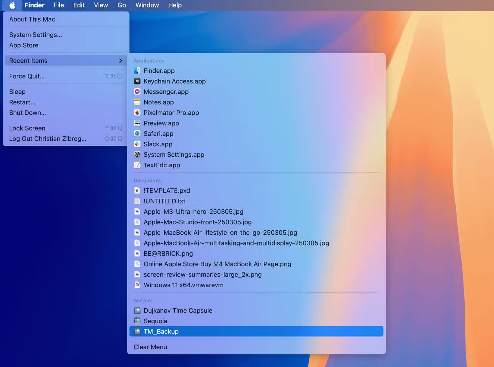 apple-macos-sequoia-15-4-apple-menu-recent-items-server-selected طريقة الوصول إلى الخوادم ومحركات الأقراص البعيدة عبر Finder على نظام Mac بسهولة