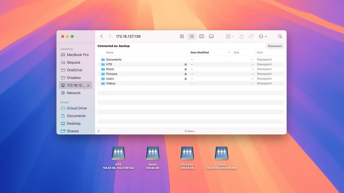 apple-macos-sequoia-15-4-desktop-finder-window-browsing-network-shares طريقة الوصول إلى الخوادم ومحركات الأقراص البعيدة عبر Finder على نظام Mac بسهولة