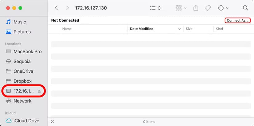 apple-macos-sequoia-15-4-finder-sidebar-network-selected-connect-as-button-annotation طريقة الوصول إلى الخوادم ومحركات الأقراص البعيدة عبر Finder على نظام Mac بسهولة