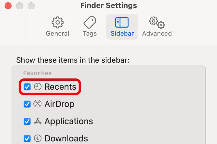 apple-macos-sequoia-finder-settings-sidebar-tab-selected-reents-option-enabled-annotated طريقة الوصول إلى الخوادم ومحركات الأقراص البعيدة عبر Finder على نظام Mac بسهولة