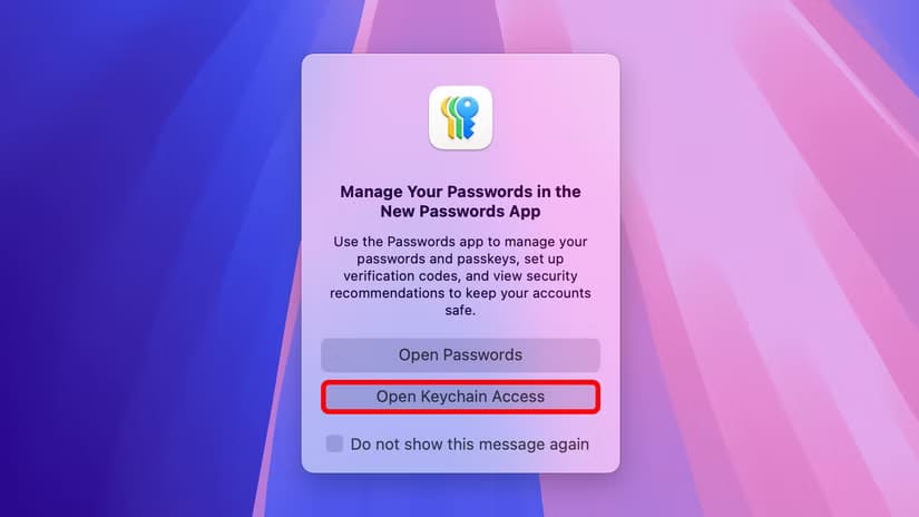 apple-macos-sequoia-keychain-access-launch-prompt-open-keychain-access-option-selected-annotation طريقة الوصول إلى الخوادم ومحركات الأقراص البعيدة عبر Finder على نظام Mac بسهولة