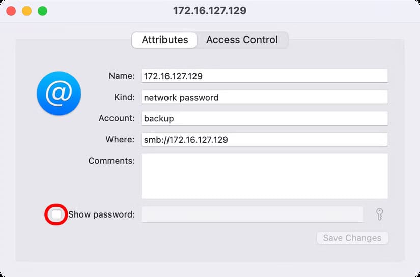 apple-macos-sequoia-keychain-access-network-share-information-show-password-selected-annotation طريقة الوصول إلى الخوادم ومحركات الأقراص البعيدة عبر Finder على نظام Mac بسهولة