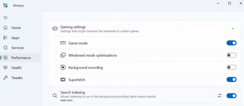 gaming-settings-section-in-the-wintoys-app أداة مجانية واحدة تُلبي معظم احتياجاتك على نظام Windows