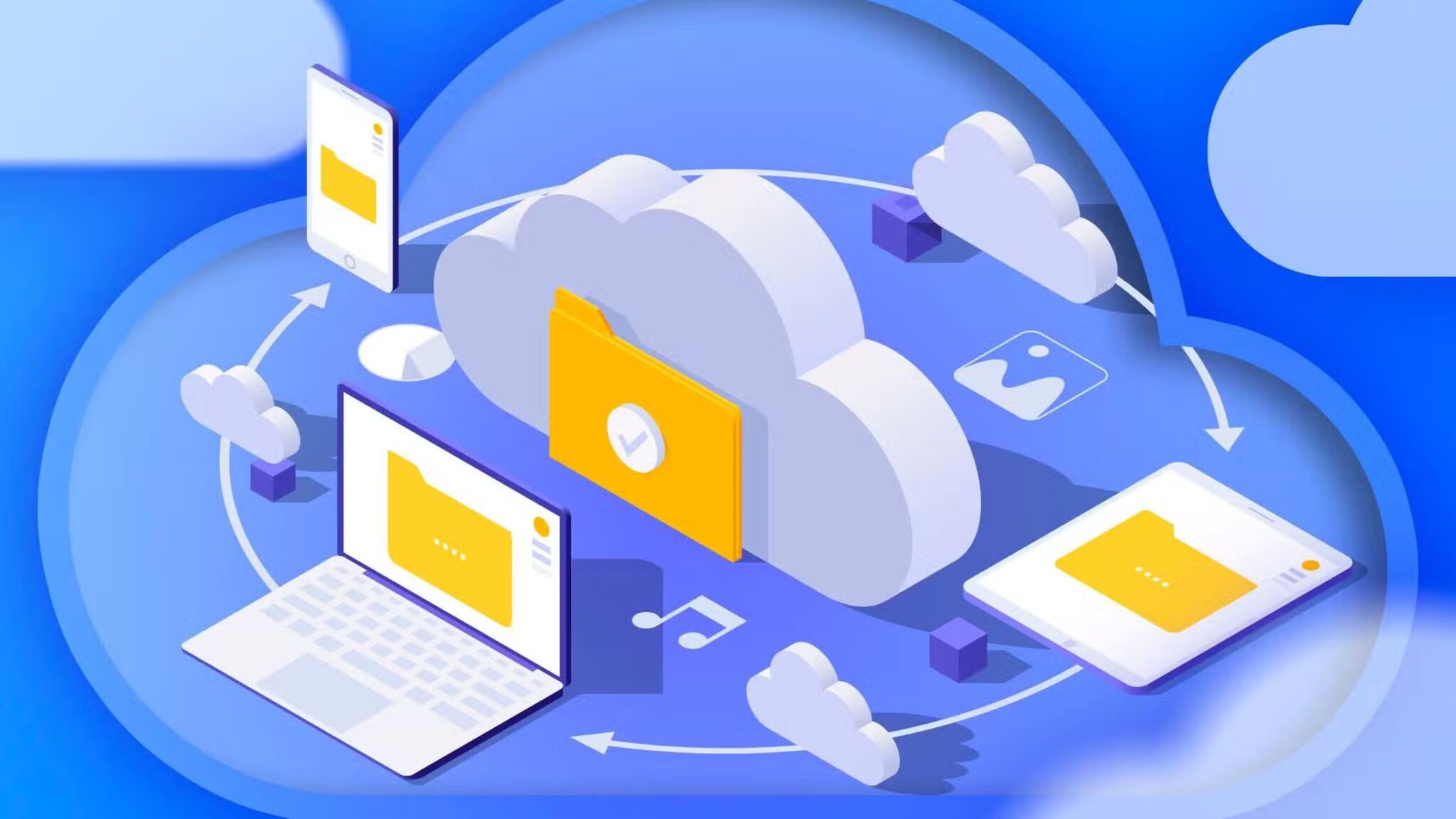 illustration-of-a-cloud-surrounded-by-a-laptop-smartphone-tablet-and-some-files-resized-scaled كيفية أرشفة الفيديوهات لتوفير مساحة تخزين هاتفك بسهولة