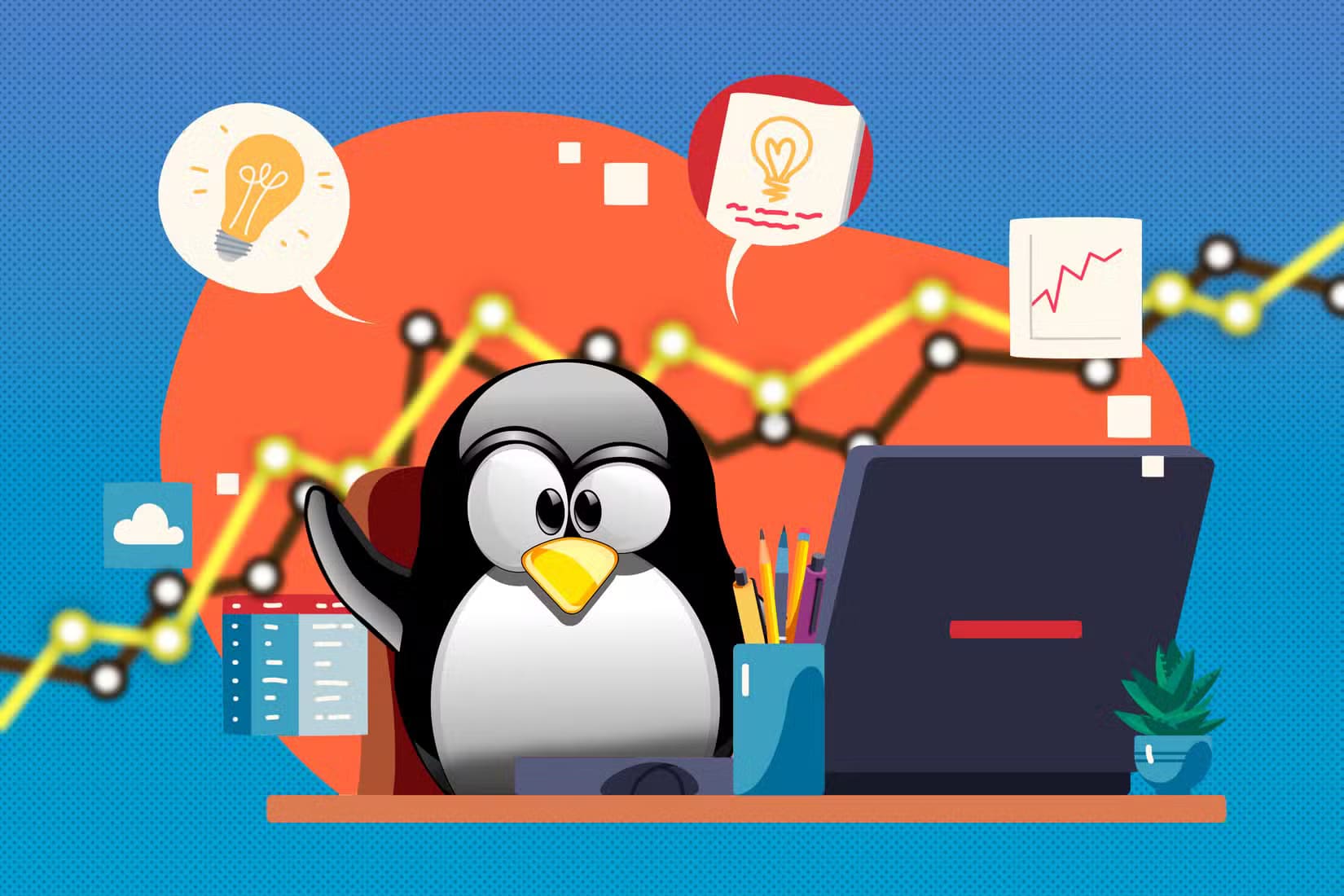 illustration-of-the-linux-mascot-at-a-desk-with-productivity-related-icons-around كيف تختار توزيعة Linux المناسبة لاحتياجاتك التقنية والشخصية