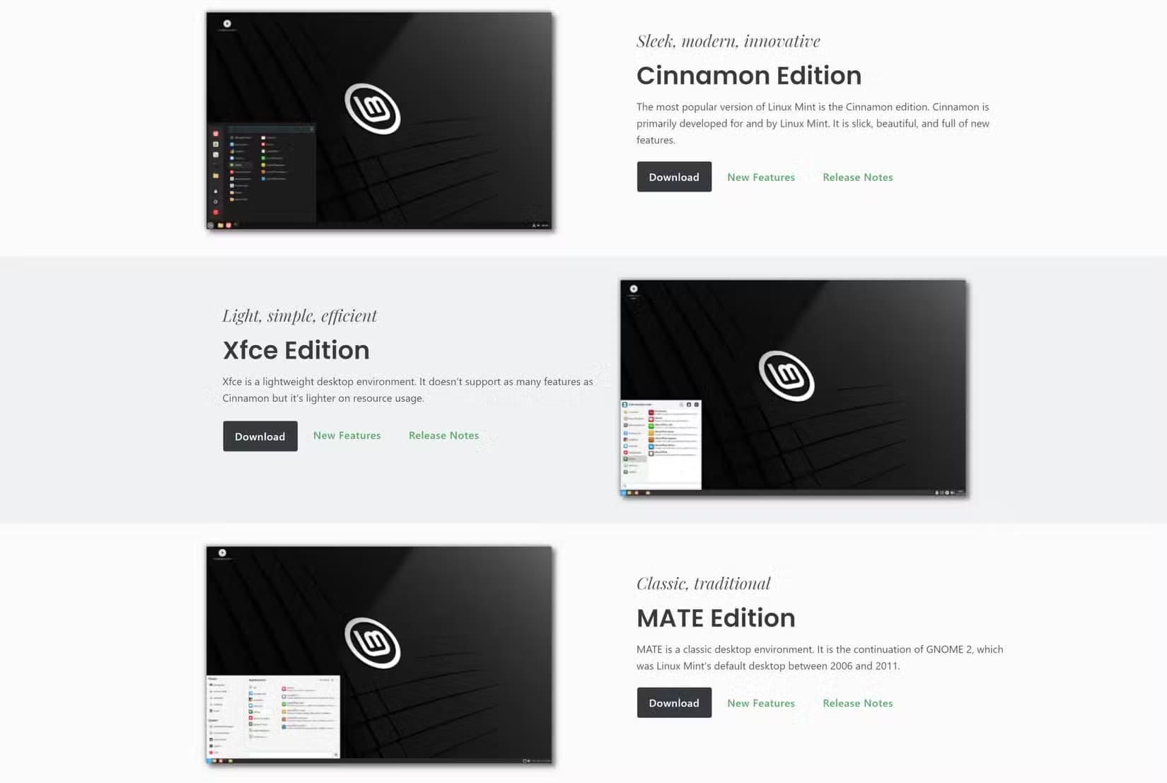 linux-mint-download-page-showing-cinnamon-mate-and-xfce-editions أسباب تحول Linux Mint إلى نظام التشغيل المفضل للمستخدمين الباحثين عن البساطة والأمان