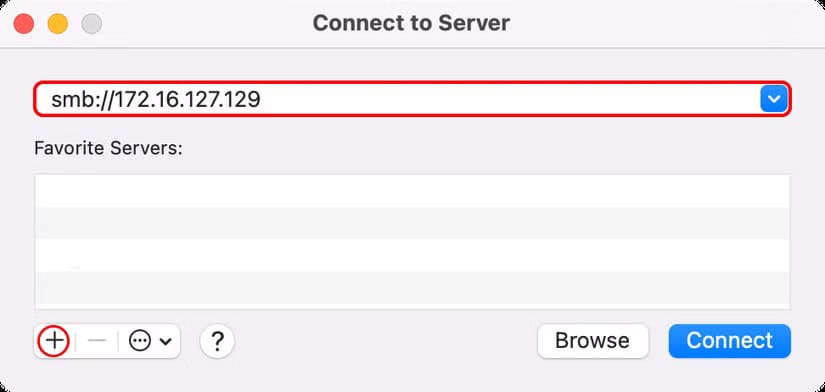 macos-sequoia-15-4-finder-connect-to-server-add-to-favorites-list-annotated طريقة الوصول إلى الخوادم ومحركات الأقراص البعيدة عبر Finder على نظام Mac بسهولة