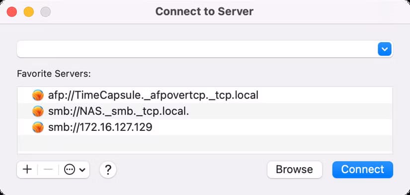 macos-sequoia-15-4-finder-connect-to-server-favorites-list طريقة الوصول إلى الخوادم ومحركات الأقراص البعيدة عبر Finder على نظام Mac بسهولة