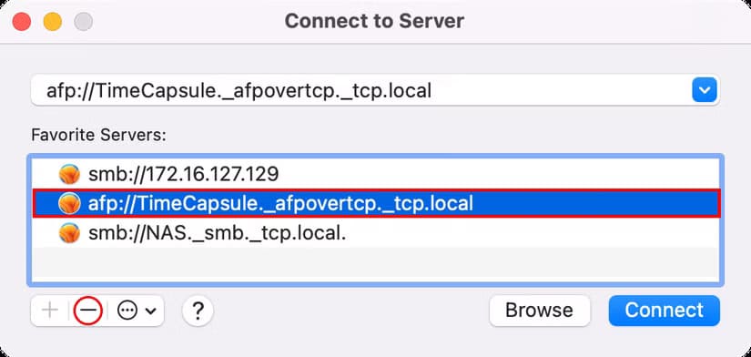 macos-sequoia-15-4-finder-connect-to-server-remove-from-favorites-list-annotated طريقة الوصول إلى الخوادم ومحركات الأقراص البعيدة عبر Finder على نظام Mac بسهولة