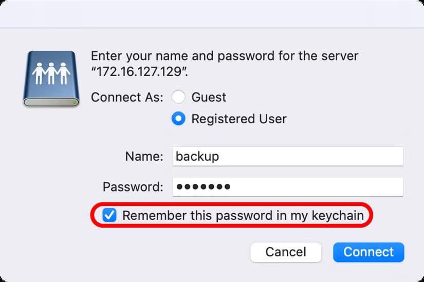 macos-sequoia-finder-connect-to-server-remember-this-password-in-my-keychain-selected طريقة الوصول إلى الخوادم ومحركات الأقراص البعيدة عبر Finder على نظام Mac بسهولة