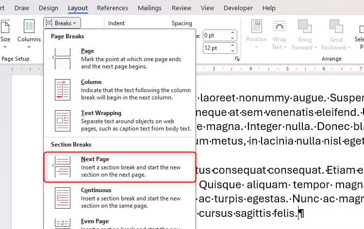 next-page-is-selected-in-microsoft-word-s-breaks-drop-down-menu-of-the-layout-tab كيف تستخدم فواصل الصفحات والأقسام في Word لإنشاء مستندات أكثر تنظيماً واحترافية