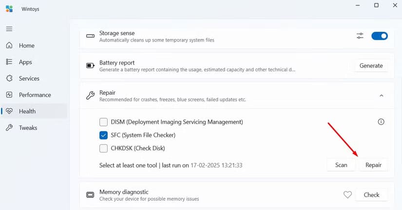 repair-section-in-the-wintoys-app أداة مجانية واحدة تُلبي معظم احتياجاتك على نظام Windows