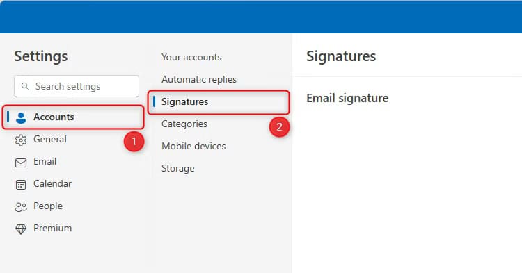 the-accounts-and-signatures-menus-in-the-new-outlook-s-settings-dialog-box 6 نصائح وحيل لتحسين استخدام البريد الإلكتروني في Outlook يجب أن تعرفها