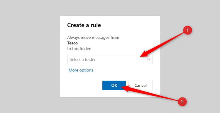 the-create-rule-dialog-box-in-new-outlook-with-the-select-a-folder-drop-down-menu-selected-and-the-ok-button-highlighted 6 نصائح وحيل لتحسين استخدام البريد الإلكتروني في Outlook يجب أن تعرفها