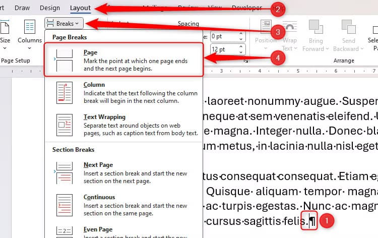 the-cursor-is-placed-at-the-end-of-a-paragraph-in-microsoft-word-and-the-page-break-option-is-selected-in-the-breaks-drop-down-menu كيف تستخدم فواصل الصفحات والأقسام في Word لإنشاء مستندات أكثر تنظيماً واحترافية