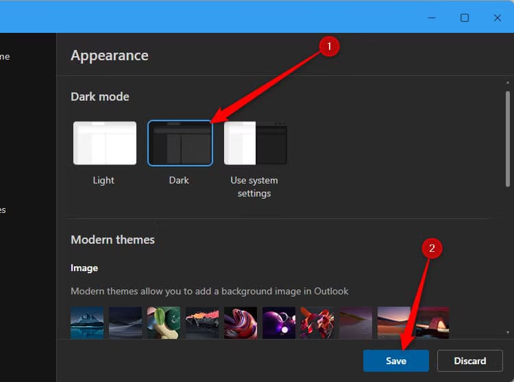 the-dark-mode-appearance-is-selected-in-the-new-outlook-settings-window 6 نصائح وحيل لتحسين استخدام البريد الإلكتروني في Outlook يجب أن تعرفها