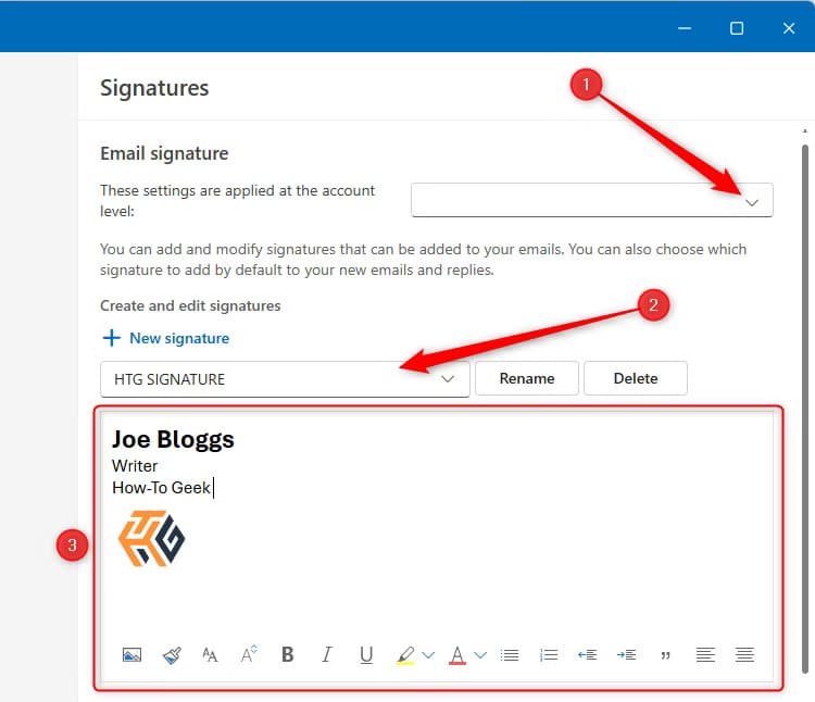 the-email-signatures-window-in-the-new-outlook-with-the-account-drop-down-selected-the-signature-named-and-a-sample-signature-designed-in-the-text-field 6 نصائح وحيل لتحسين استخدام البريد الإلكتروني في Outlook يجب أن تعرفها