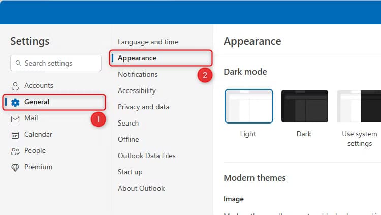 the-general-settings-menu-in-the-new-outlook-s-sertings-dialog-box-with-appearance-selected-in-the-second-menu 6 نصائح وحيل لتحسين استخدام البريد الإلكتروني في Outlook يجب أن تعرفها