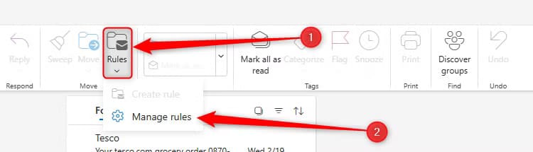 the-manage-rules-option-in-the-rules-drop-down-menu-in-the-new-outlook 6 نصائح وحيل لتحسين استخدام البريد الإلكتروني في Outlook يجب أن تعرفها