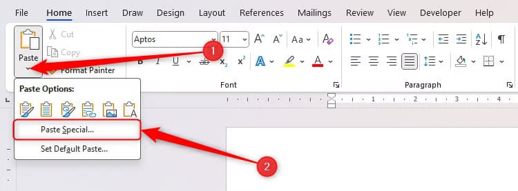 the-paste-special-button-in-the-paste-drop-down-menu-of-microsoft-word لماذا يُعد Excel خيارًا أفضل من Word لإنشاء الجداول وإدارتها