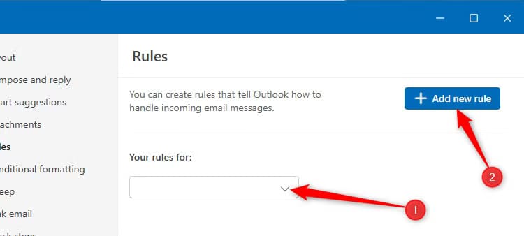 the-rules-section-of-the-new-outlook-settings-dialog-box-with-the-account-drop-down-menu-selected-and-add-new-rule-highlighted 6 نصائح وحيل لتحسين استخدام البريد الإلكتروني في Outlook يجب أن تعرفها