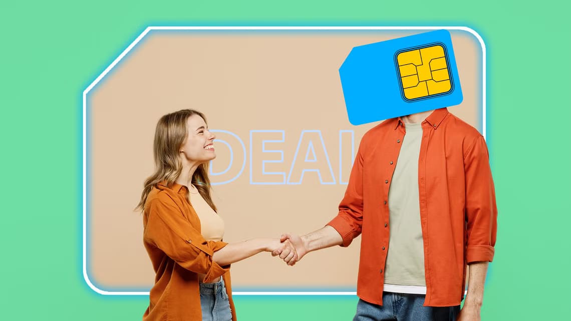 two-people-shaking-hands-closing-a-deal-and-one-of-the-people-has-a-sim-card-instead-of-a-head نصائح عملية للتفاوض مع شركة الاتصالات للحصول على صفقة أفضل