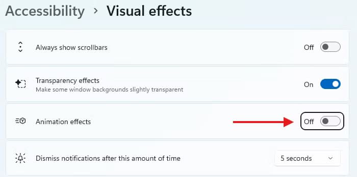 visual-effects-settings-in-windows-11-with-a-red-arrow-pointing-to-the-toggle-for-animation-effects إعدادات Windows 11 التي يجب تعطيلها فورًا بعد إعادة ضبط النظام لتحسين الأداء