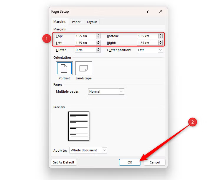 word-s-page-setup-dialog-box-with-the-margins-set-to-1-55-cm-at-the-top-bottom-left-and-right-of-the-page طريقة أسرع وأدق لضبط هوامش الصفحات في Microsoft Word دون استخدام المسطرة