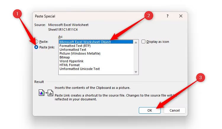 word-s-paste-special-dialog-box-with-the-paste-link-radio-box-checked-and-the-microsoft-excel-worksheet-object-paste-type-selected لماذا يُعد Excel خيارًا أفضل من Word لإنشاء الجداول وإدارتها