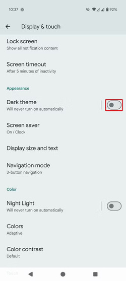 7-pixel-9-activate-dark-theme حلول فعالة لتقليل استهلاك بطارية Pixel 9 وزيادة وقت التشغيل اليومي