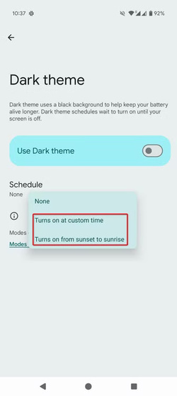 8-pixel-9-schedule-dark-theme حلول فعالة لتقليل استهلاك بطارية Pixel 9 وزيادة وقت التشغيل اليومي
