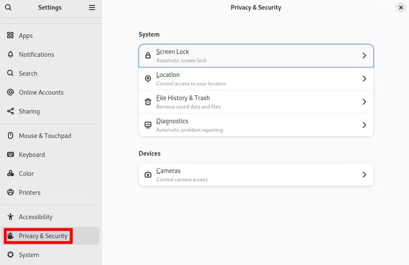 gnome-privacy-settings-on-fedora خطوات مهمة لتحسين أداء Fedora بعد التثبيت مباشرة