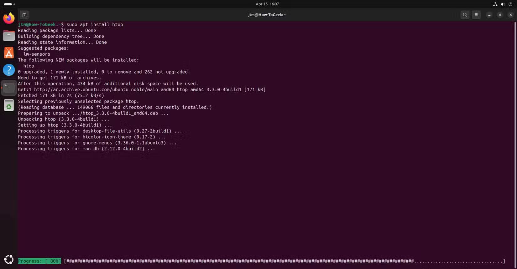terminal-showing-apt-installing-htop-on-ubuntu أوامر مؤكدة لتثبيت وإزالة البرامج في Linux عبر Terminal بخطوات مجربة
