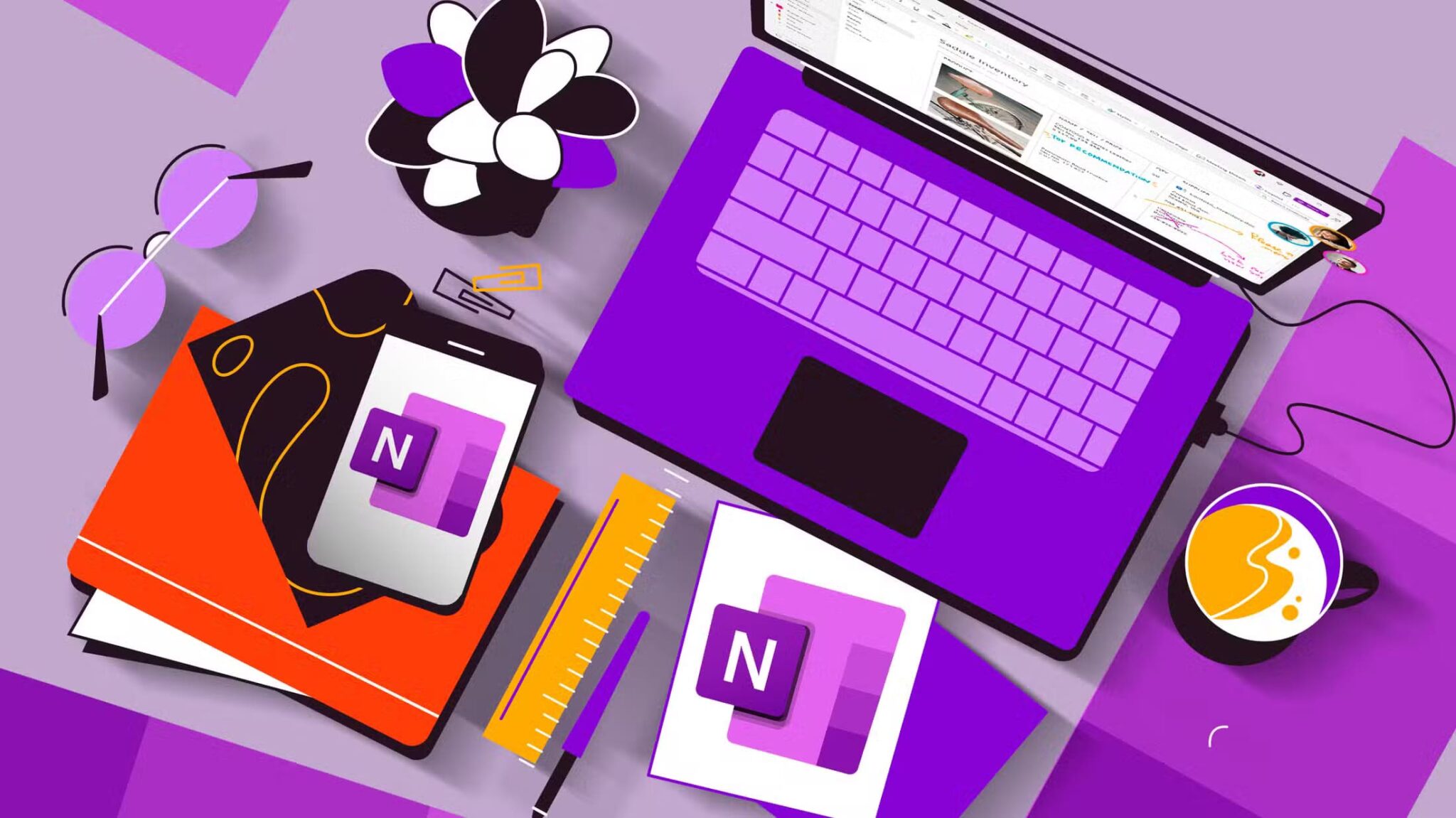 top-view-of-a-workspace-with-a-laptop-other-office-equipment-and-the-onenote-logo-scaled خمس أدوات يمكنك الاستغناء عنها عند استخدام OneNote